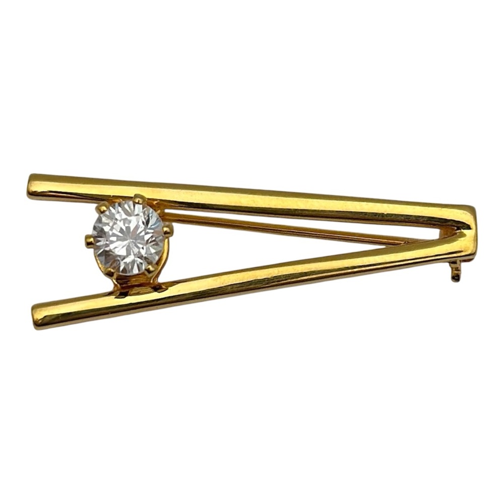 Gold Tone Single Solitaire Clear Rhinestone Brooch Pin